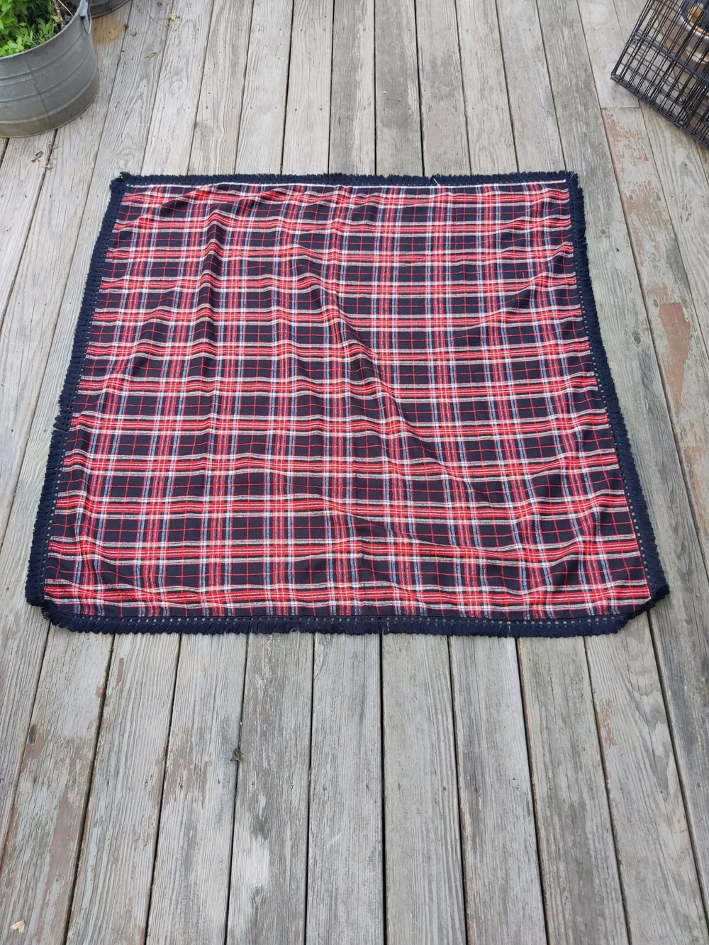 Vintage Plaid Tartan Tablecloth Throw Wool Fringe Square 56x56 Christmas Winter